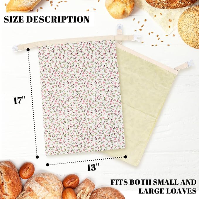 2 Pack Beeswax Bread Bags - 17x13 Inch Reusable Bread Storage Bags,Bees Wax Lined Bread Bags for Home Cooks fresh bread storage Easy Clean (Pink Floral)