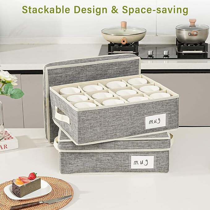 2 Pack Mug Storage Box with Dividers,Grey Cup Organizer for Tea Cup,Coffee Mug,Glass Cups,Coffee Cup Storage with Handles,Stackable Storage Case with Hard Shell Dividers,Each Holds 12 Cups