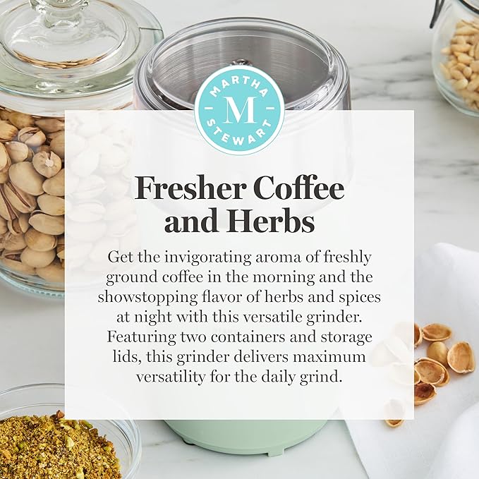 Martha Stewart Electric Coffee & Spice Grinder, Dual 2.5oz Removable Bowls, Storage Lids, Stainless Steel Blades, One Touch Pulse Control, 2-in-1 Compact, Beans & Spices, Herbs & Nuts, Honeydew Green