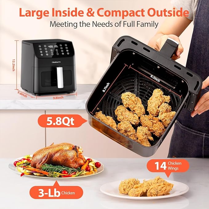 Beelicious 5.8QT Large Air Fryer, 12-in-1 Digital Airfryer with Window, 40+ Recipes, Flavor-Lock Tech, Dishwasher Safe,Shake Reminder, Compact, Quiet, Nonstick Air Fryers. Black