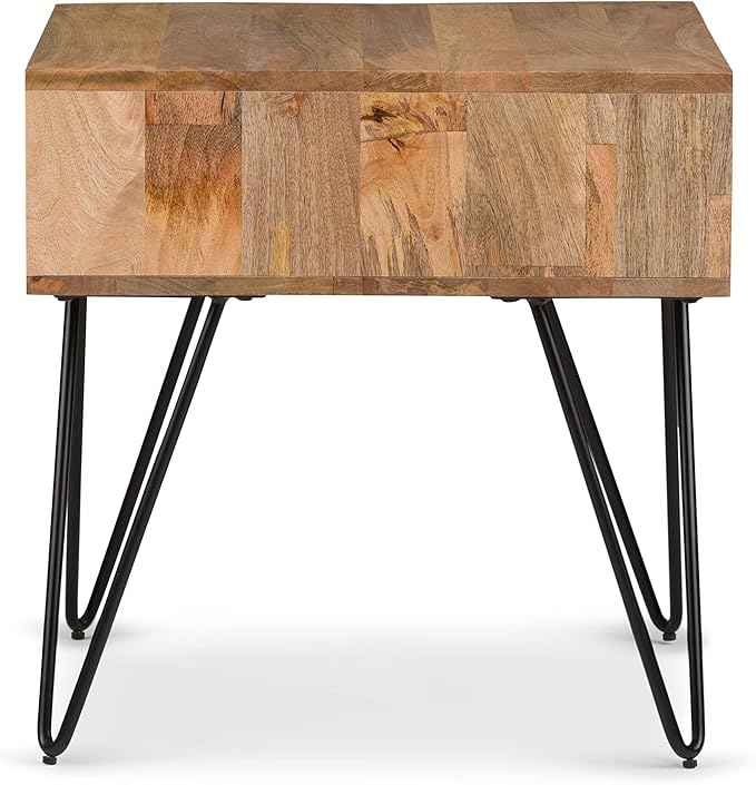 SIMPLIHOME Hunter End Table - 22 inch Wide Solid Mango Wood and Metal Square Accent Table with Open Storage Compartment and Hairpin Legs in Natural, Industrial Nightstand for Living Room or Bedroom