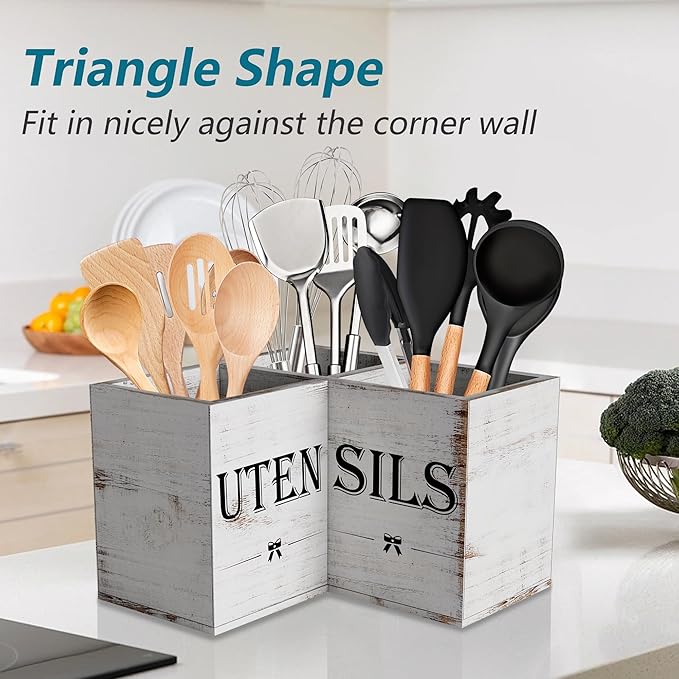 Suli Extra Large Kitchen Utensils Holder with 3 Compartments,Corner Shelf,Wooden Utensil Organizer for Kitchen Countertop, Farmhouse Decor, Rustic Cooking Utensil - White grain