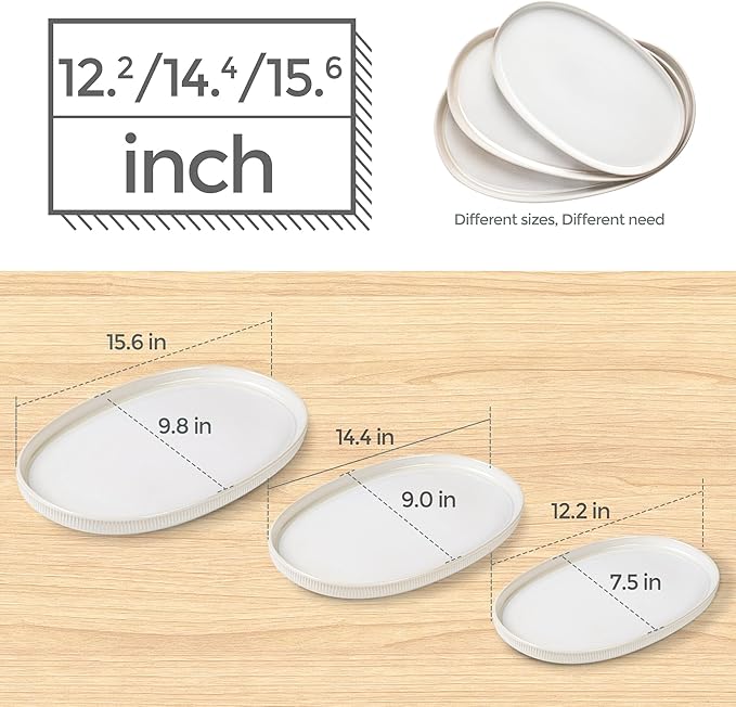 theterra Ceramic Serving Platter, 15.6"/14.4"/12.2" Oval Serving Dishes for Entertaining, Oven Safe, Microwave Safe, Serving Plates Set of 3 for Wedding, Party, Turkey, Reactive White