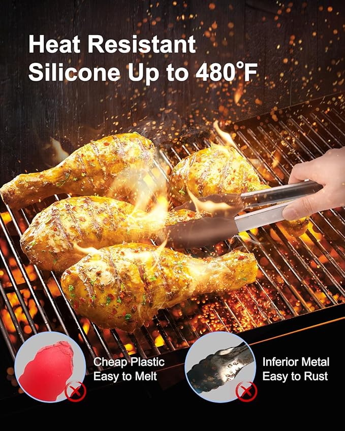 600ºF Heat Resistant Kitchen Tongs, Premium Locking Cooking Tongs with Silicone Tips, Non-Slip Food Tongs for Cooking, Non-Stick, Heavy Duty Stainless Steel Handle, Set of 3-7" 9" and 12" Mud color