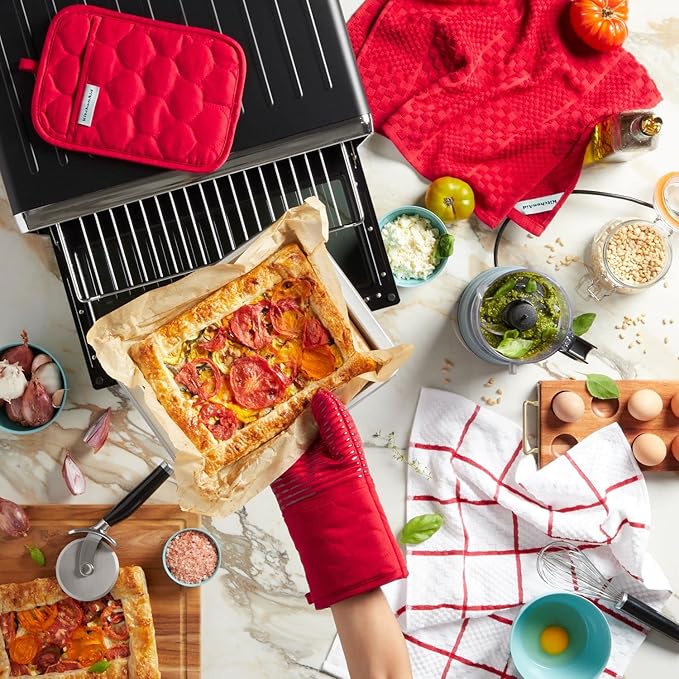 KITCHENAID Quilted Cotton Terry Cloth Oven Mitt, Pot Holder, Kitchen Towel 4-Pack Set, Heat Resistant, Silicone Grip, Gift Set, Passion Red, 16"x26", 7"x13" & 7"x10"