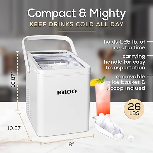 Igloo Automatic Self-Cleaning Portable Electric Countertop Ice Maker Machine With Handle, 26 Pounds in 24 Hours, 9 Ice Cubes Ready in 7 minutes, With Ice Scoop and Basket, White