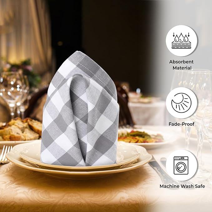 Urban Villa Cotton Dinner Napkins Set of 6, Highly Absorbent 20x20 Inches Premium Cloth Napkins Hotel Quality Reusable & Washable Table Dinner Napkins for Home & Weddings - Grey/White, Checks