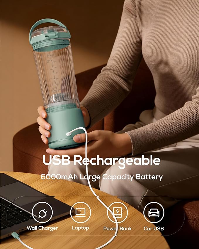 Sangcon Personal Portable Blender for Shakes & Smoothies, 6000mAh Cordless USB-C Rechargeable Blender with 2 Blend Modes, Leakproof Travel Lid, Dishwasher Safe, Ideal for Gym Office Kitchen, BPA-Free