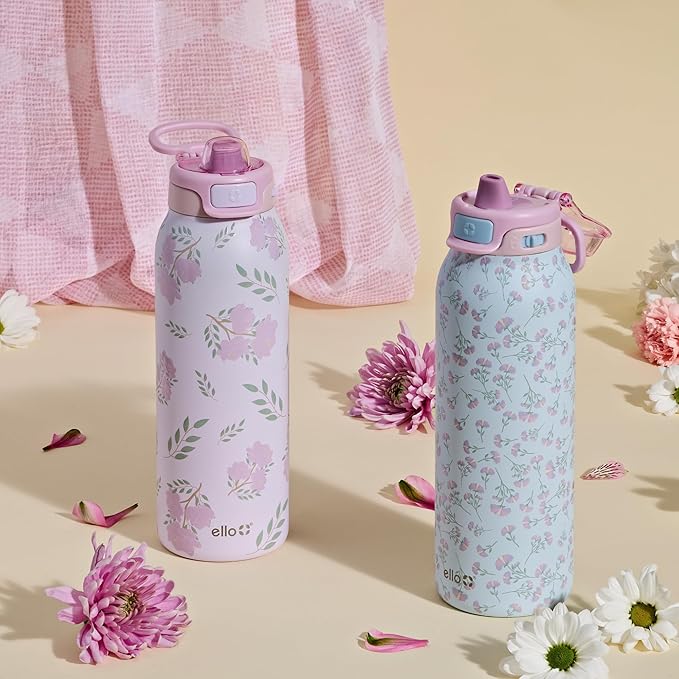 Ello Pop & Fill 32oz Stainless Steel Water Bottle with QuickFill Technology, Double Walled and Vacuum Insulated Metal, Leak Proof Locking Lid, Straw and Chug, Reusable, BPA Free, Blossom Bliss