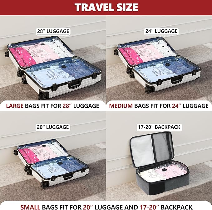SUOCO Travel Vacuum Bags for Luggage with Portable Electric Pump, 18 Combo (6L/6M/6S) Packing Seal Bags for Clothing Suitcase Backpack, Space Saver Compression Clothes Storage Bags
