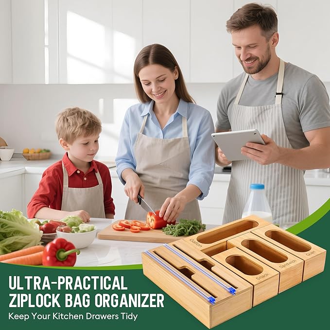 Individual Storage Bag Organizer for Kitchen Drawer, Bamboo with Foil and Plastic Wrap Organizer for Kitchen Organizers and Storage, for Gallon, Quart, Sandwich, Snack