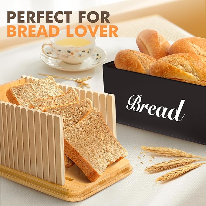 RYTOXILO Bread Slicer with Bread Box, Black Bread Storage Container for Kitchen Countertop with Multifunction Bamboo Lid, 3 in 1 Breadbox for Loaf Slicing & Tray, Bread Holder for Kitchen