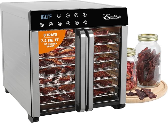 Excalibur Food Dehydrator 8-Tray for Jerky, Fruit, Vegetables, Herbs, Pet Treats, 7.2 Cu Ft Drying Space with Adjustable Temperature Control and 80 hour digital timer, 8-Tray, Stainless Steel
