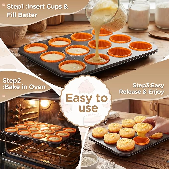 2 Set 12-cup Non Stick Carbon Steel Muffin Pan for Baking with 24 Reusable Silicone Liners, Non Toxic Cupcake Pan Muffin Tin for Easter Wedding Brownies Egg Bite, Easy to Pop(Orange)