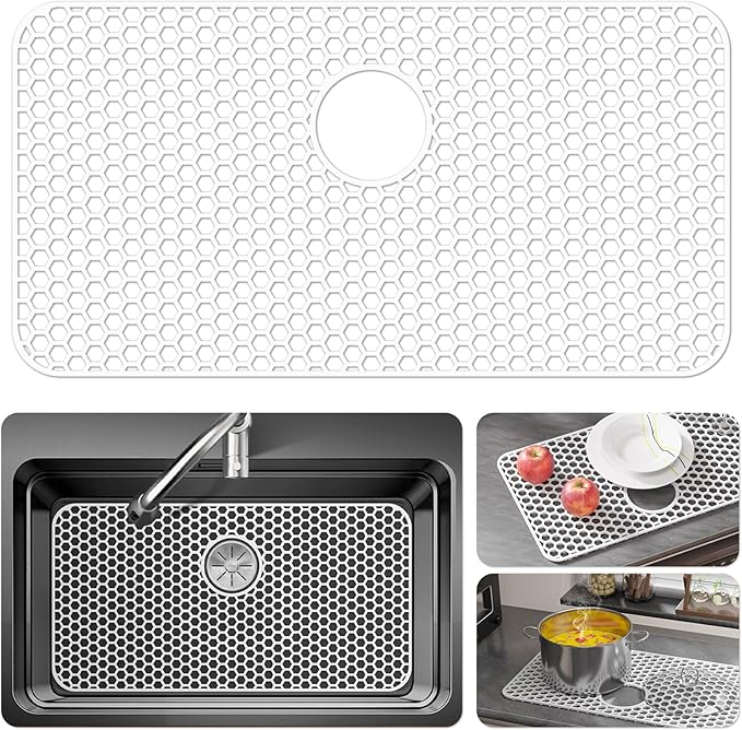 Bestjing Silicone Sink Protectors for Kitchen Sink with Rear Drain - 29.7"x 15.5" Kitchen Protector Accessory, Non-Slip Heat Resistan Mat for Bottom of Farmhouse Stainless Steel Porcelain (White)