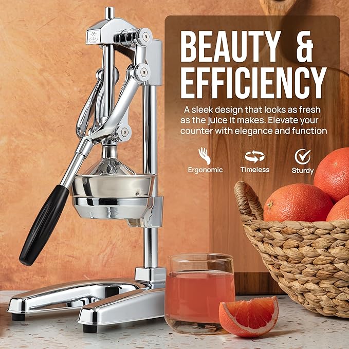 Zulay Kitchen Professional Citrus Juicer - Chrome Finish Manual Citrus Press and Orange Squeezer - Metal Lemon Squeezer - Extra Tall Heavy Duty Manual Orange Juicer and Lime Squeezer Press Stand