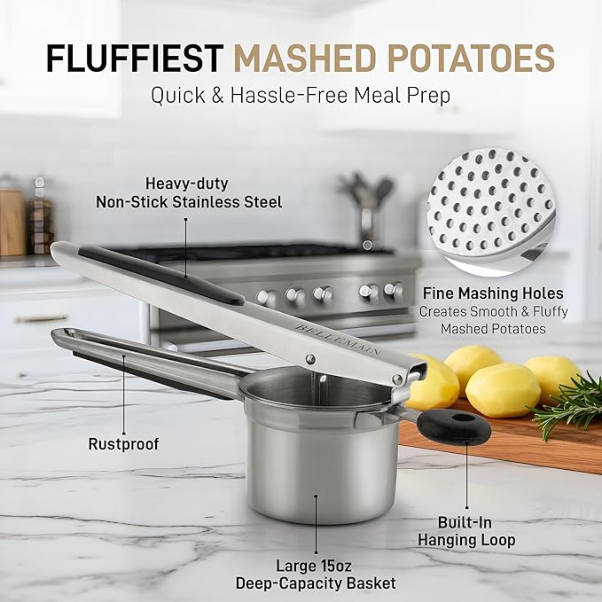 Bellemain Large Potato Ricer 15oz – Heavy Duty Stainless Steel Potato Masher for Smooth Mashed Potatoes, Baby Food & Gnocchi Maker
