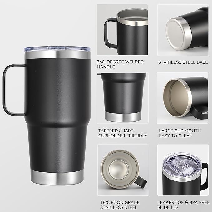 20 oz Stainless Steel Tumbler with Handle Bulk Metal Insulated Tumblers Travel Coffee Mug with Handle Double Wall Tumbler Cup with Lid and Straw, Black 12 Pack