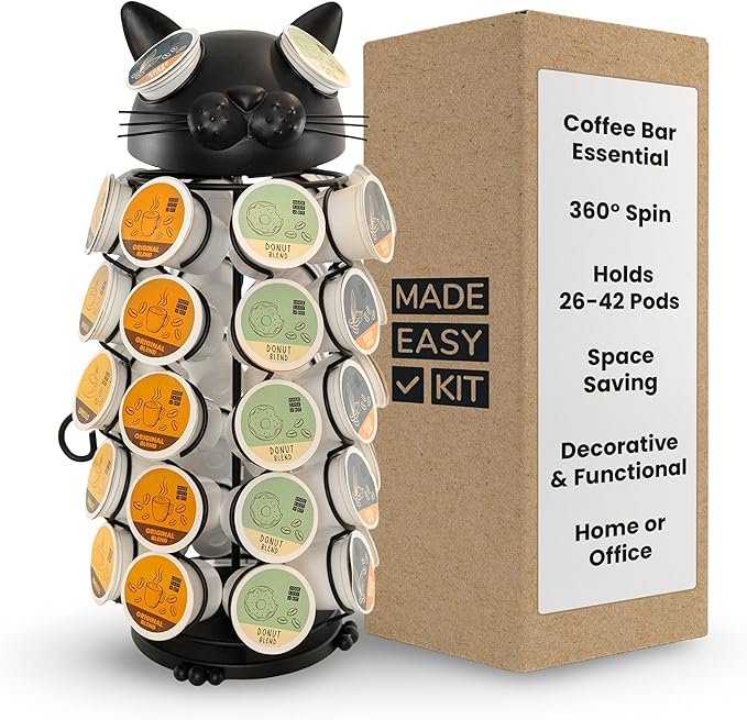Made Easy Kit Carousel Coffee Pod Holder - Compatible with Keurig K-Pods K-Cups - Countertop 360 Spin Rack Storage Organizer - Revolving Base - Capsule Café Station Bar (Cat Black, Large)