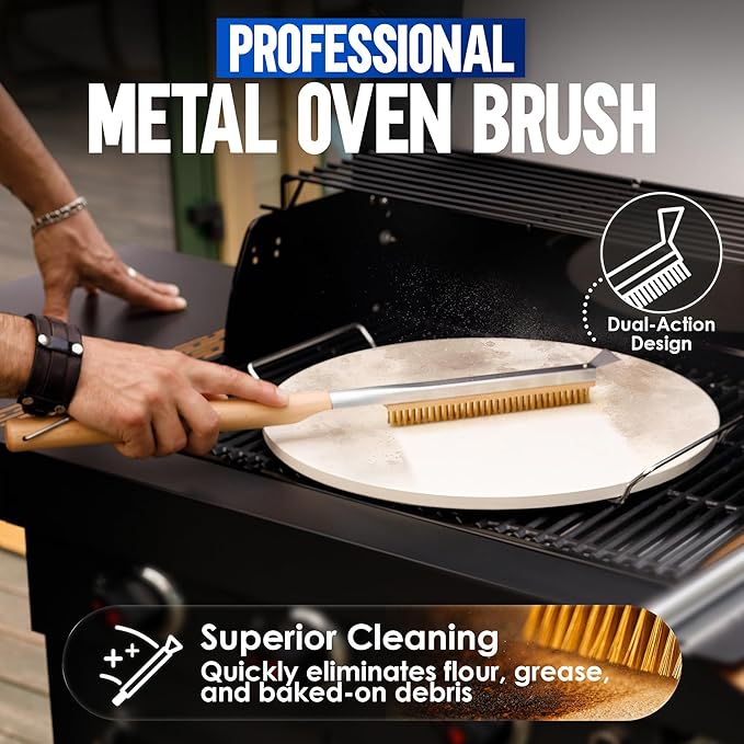KitchenStar 16-inch Pizza Making Set, 6 PCS - Pizza Stone + Stainless Steel Rack, Acacia Wood Pizza Peel, Pizza Cutter Rocker + Protective Cover, Metal Brush - Oven & Grill Accessories Kit
