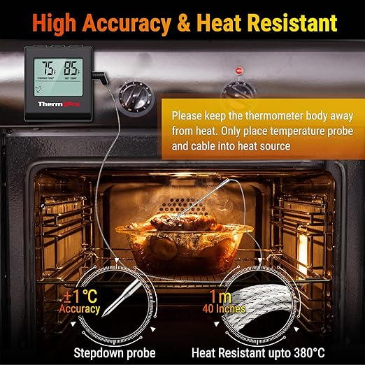 ThermoPro TP16H Large LCD Digital Meat Thermometer for Cooking, Smoking, Grilling, BBQ Food Thermometer with Clock Timer and Stainless Steel Probe, Black