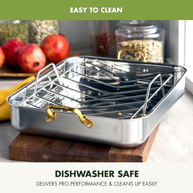 GreenPan Reserve 16" x 13" Tri-Ply Stainless Steel Roasting Pan with Roaster Rack, Multiclad Cookware, Induction Suitable, Gold Stainless Steel Handles, Dishwasher & Oven Safe, Silver