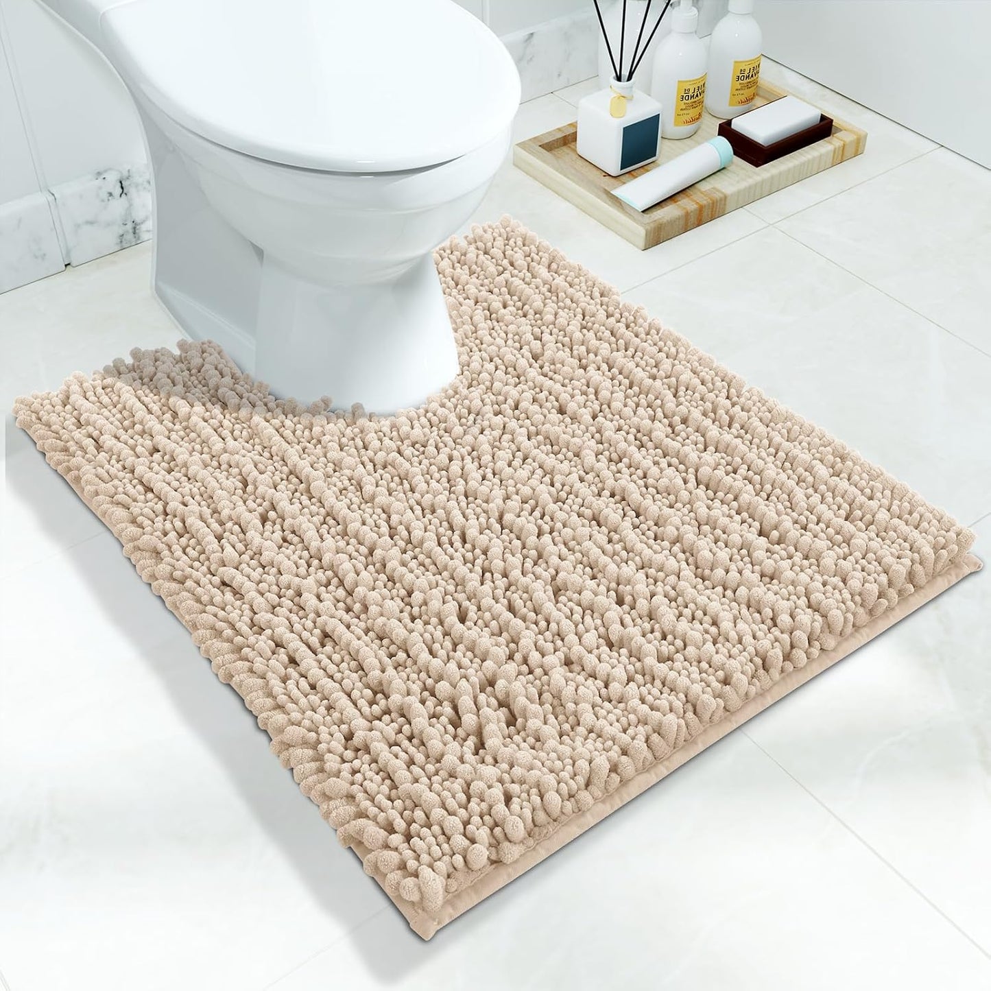 Yimobra Toilet Rug U Shaped Washable 24x20 Inch - Ultra Soft Absorbent Chenille Bath Rugs for Toilet, Quick Dry & Machine Washable, Non Slip Contour Bathroom Mat, Light Brown