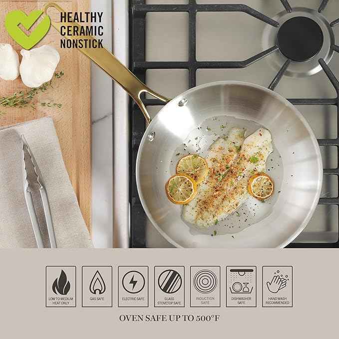 Martha Stewart Castelle 9.5-Inch Stainless Steel Frying Pan with Gold-Tone Handle – Tri-Ply Encapsulated Bottom, Oven Safe & Induction Safe Skillet for Searing and Sautéing