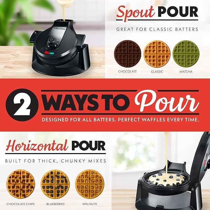 Gourmia Dual Pour Waffle Maker – Belgian Waffle Maker with Mess Free Spout, Nonstick Plates, Compact Upright Storage, 800W, Black