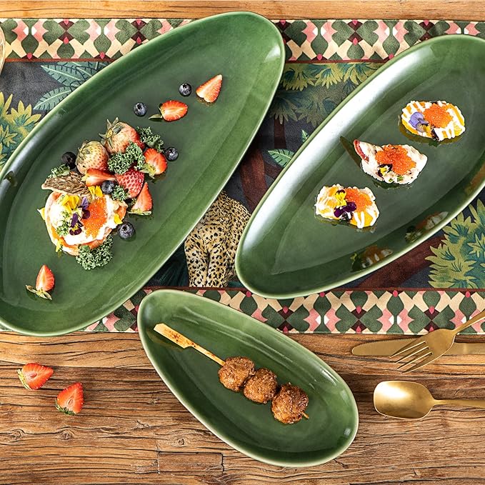 vicrays Large Oval Serving Platters, 16"/14"/10" Porcelain Serving Platters for Party, BBQ,Stackable Serving Trays Serving Plates for Appetizers, Sushi, Restaurant, Set of 3 (Green)