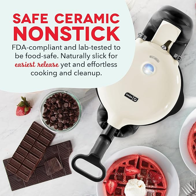 Dash Flip Belgian Waffle Maker - For Thick, Fluffy Single-Serve Waffles - Features Ceramic Nonstick Plates and Easy Flip Design - Cream
