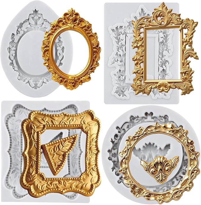 Photo Frame Fondant Mold Picture Frames Silicone Molds Vintage Frame Mold Baroque Frames Chocolate Molds For Sugarcraft Cake Decoration Cupcake Topper Candy Polymer Clay Gum Paste Set of 4