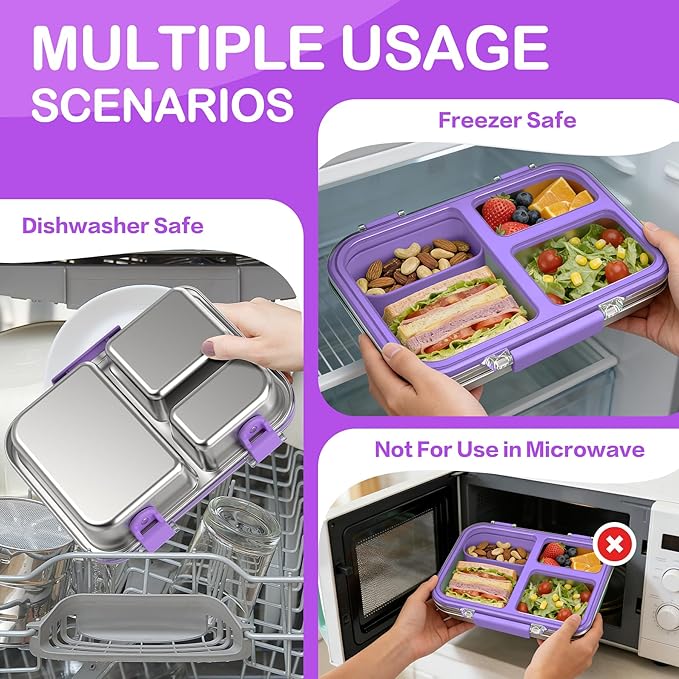 BABHAMNESS Stainless Steel Bento Lunch Box for Kids Adults, 3 Compartments Metal Bento Box with Transparent Lid & Silicone Container for Kids,Dishwasher-Safe,School & Travel,BPA-Free(Purple)