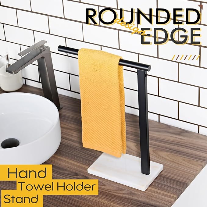 KOKOSIRI Hand Towel Rack Stand Towel Holder with Steady Marble Base for Bathroom Vanity Countertop, Matte Black Stainless Steel 15.7'' Height THS0006-BK
