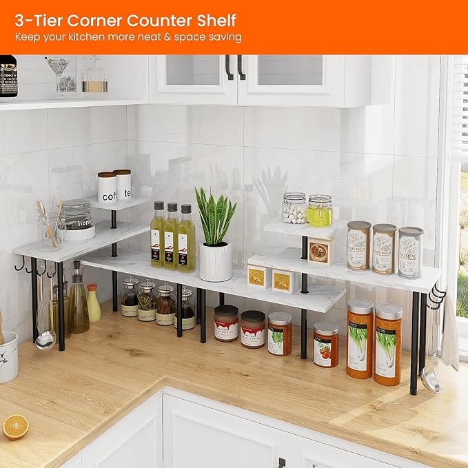 Homode Bathroom Counter Corner Shelf, 3 Tier Kitchen Countertop Organizer for Over The Sink, Make Up, Dresser Table, White Marble