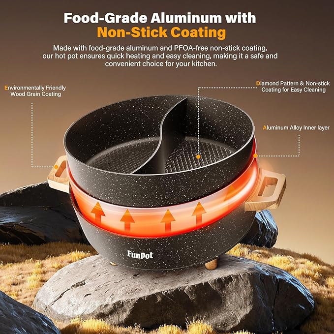 Electric Twin Compartment Hot Pot with Divider, Diamond grid embossed base, 1350W Temperature control, Large 6-Litre Capacity, Compact Woodgrain handles with Hollow Design