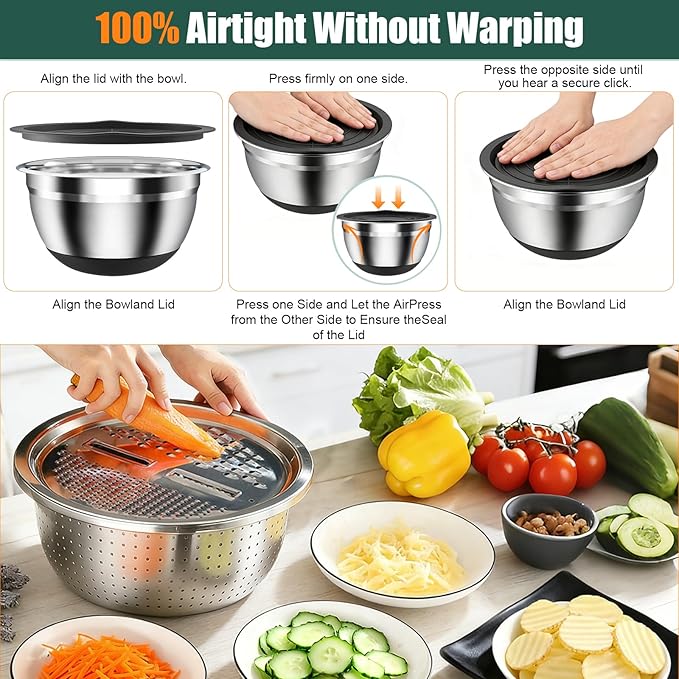 Stainless Steel Mixing Bowls Set with Lids & Silicone Base - 7-Piece Kitchen Gadgets Includes Colander, Grater, Egg Separator, Whisk - Nesting Bowls (1.5, 2, 2.5, 4.5 QT), Dishwasher Safe, Black