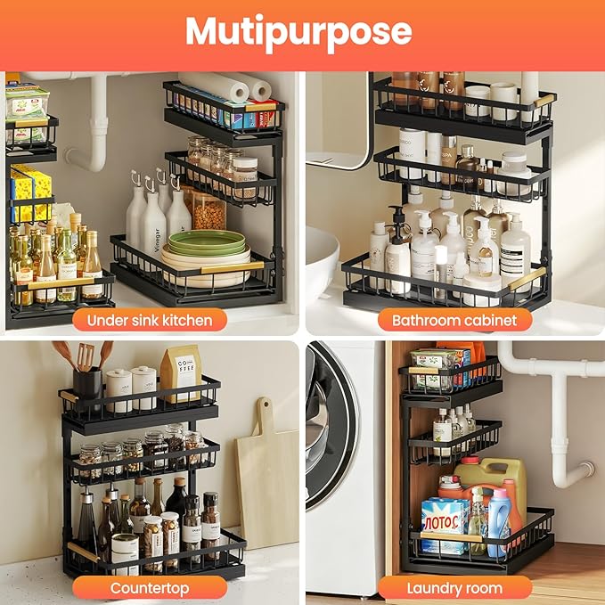 Under Sink Organizer and Storage for Bathroom and Kitchen - 2 Pack 3 Tier Under Cabinet Pull Out Shelf Organizers - Slide Out Drawer Organization for Home Cabinets Shelves and Drawers
