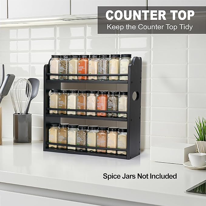 3 Tier Bamboo Spice Rack, Spice Rack Organizer, Seasoning Jars Rack Shelf Spice Organizer for Kitchen Counter or Wall Mounting, Spice Storage Holder with handles, Jars Not Included, Black