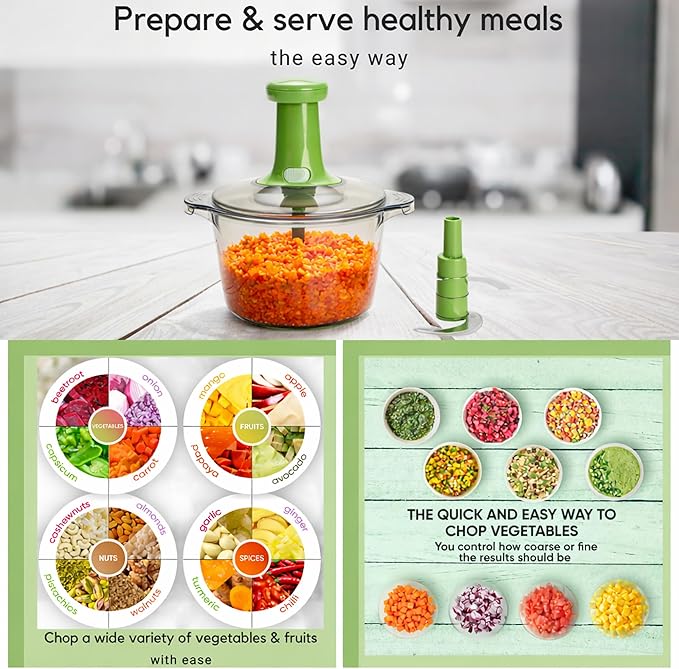Brieftons Express Manual Food Chopper: Large 8.5-Cup, Hand Chopper Vegetable Cutter to Chop Veggies, Fruits, Herbs, Garlic Onion Chopper for Salsa, Salad, Pesto, Guacamole, Coleslaw, Indian Cooking