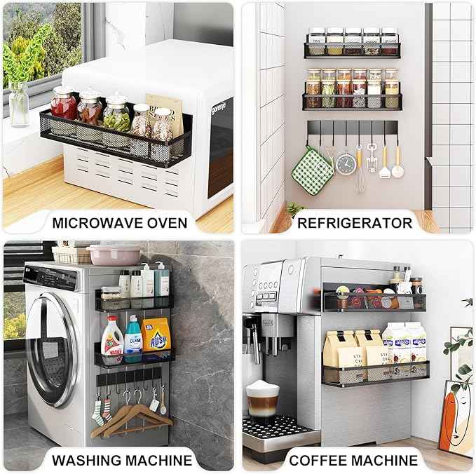 Magnetic Spice Rack for Refrigerator, 3 Pack Magnetic Shelf, Moveable Fridge Organizer with 8-Hook Rack, Seasoning Organizer for Kitchen