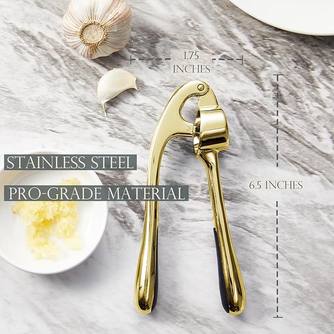 Kitessensu High Effective Garlic Press With Studs, Heavy Duty Garlic Mincer, Easy to Squeeze and Clean, Rust Proof & Dishwasher Safe, Ginger Crusher - Golden