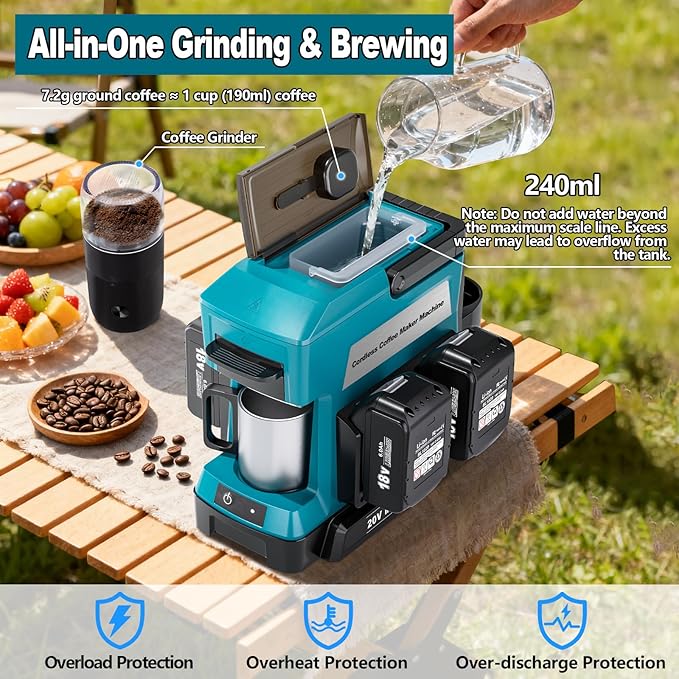 Taingwei Cordless Coffee Maker for Makita 18V Battery, Portable Drip Coffee Maker with Electric Coffee Grinder for RV, Camping, Travel, Car, Hiking (Battery Not Included)