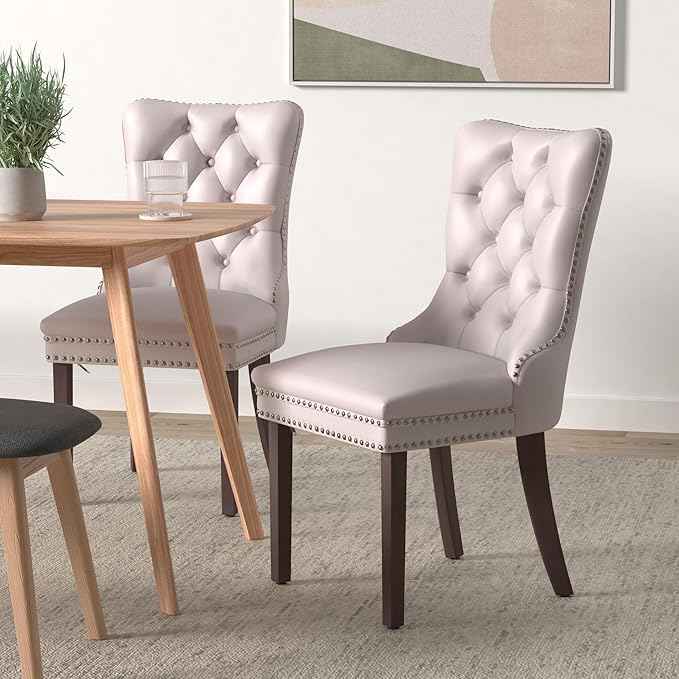 Beige Velvet Dining Chairs Set of 2, Upholstered Dining Room Chairs with Back Ring Pull Trim and Solid Wood Legs, Tufted Wingback Kitchen Chairs for Dining Room,Living Room,Kitchen(Beige)