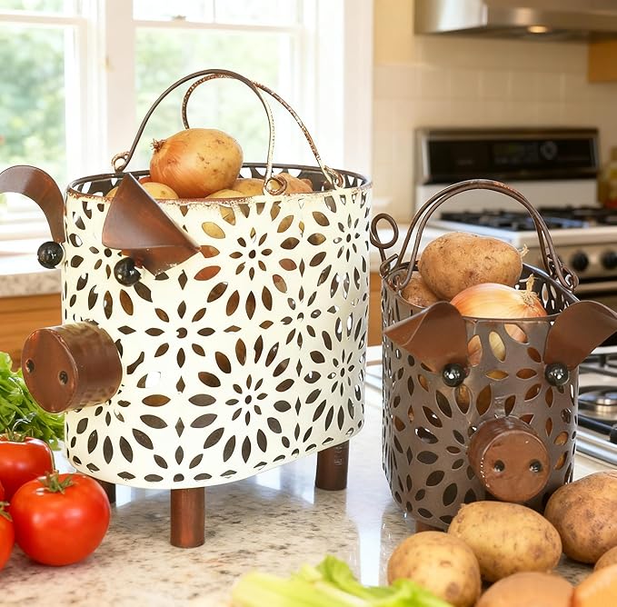 Farmhouse Metal Small Storage Basket Set For Kitchen or Bathroom Pig Decor, 2 Count Stackable Small Basket with Handle