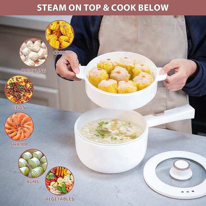 Bear Hot Pot Electric with Steamer, 1.6L Rapid Noodles Cooker, Mini Pot, Non-Stick Frying Pan for Steak, Ramen, Egg, Oatmeal, Soup with Power Adjustable