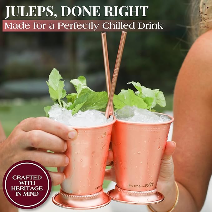 Gusto Nostro Mint Julep Cups Set of 2 - Stainless Steel Julep Cup Kit with Straws, Muddler, Spoon, Recipes, Vases - Southern-Style Cocktail Glasses for Home Bar - Stainless Steel Cocktail Cups (Rose)
