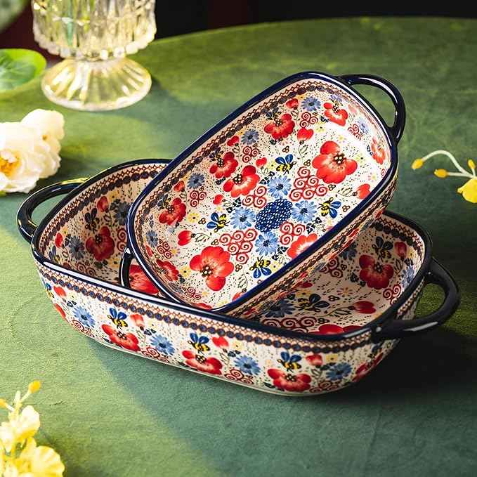 Baking Dish Ceramic Baking Pan Blue Casserole Dish Porcelain rectangular Baking Set 2pcs Bakeware Sets Single Serving Size Lasagna Pan Baking Dishes for oven(Honey Flower)