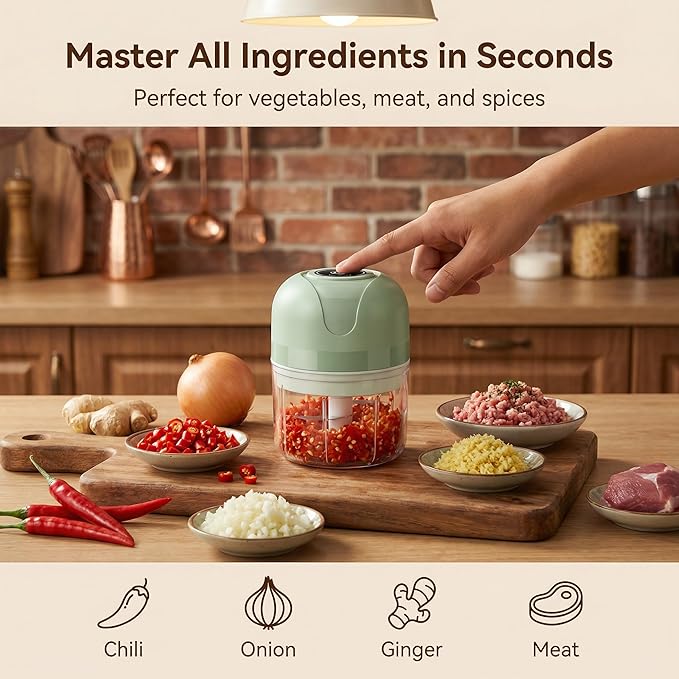 New Upgraded Dual-Cup Electric Garlic Chopper,Electric Mini Garlic Chopper, Portable Wireless Food Processor for Vegetables, Onion, Ginger, Chili, Meat – Rechargeable, Splash-Proof, Light Green