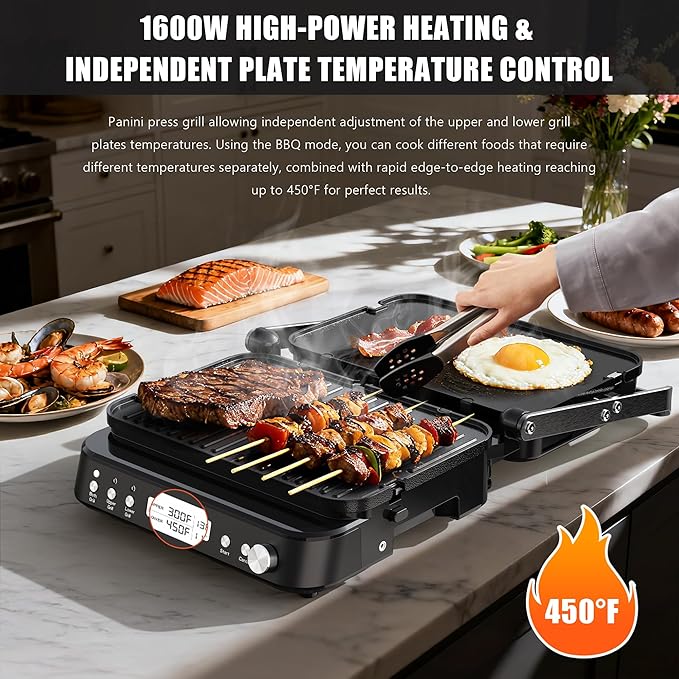 CATTLEMAN Panini Grill Press Sandwich Maker with Removable Plates, 1600W, 5 in 1 Smokeless Indoor Grill & Griddle with Meat Thermometer, PFAS Free Ceramic Nonstick Reversible Plates, Opens Flat